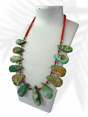 Southwestern Handmade Turquoise Nugget Necklace with Red Coral Beads